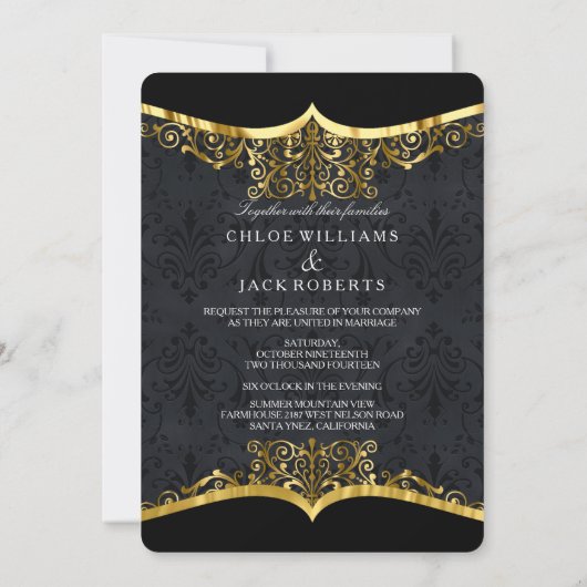 Black Gold Damask Wedding Elegant Invitation Front Kaart (Achterkant)