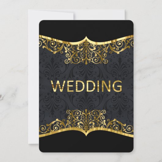 Black Gold Damask Wedding Elegant Invitation Front Kaart (Voorkant)