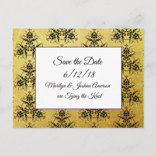 Black Gold Damask Wedding Save the Date Briefkaart (Voorkant)