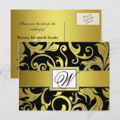 Black Gold Damask Wedding Save the Date Briefkaart (Voorkant / Achterkant)