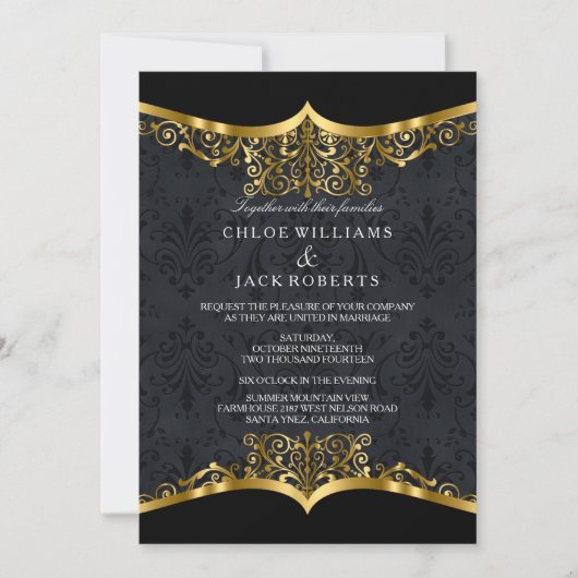 Black Gold Damask Wedding Uitnodiging (Voorkant)