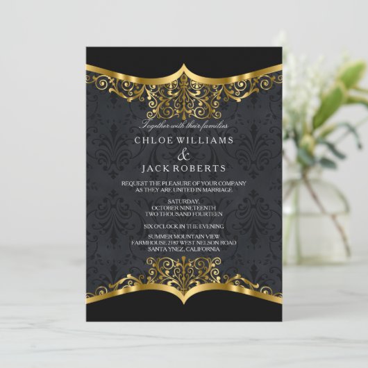 Black Gold Damask Wedding Uitnodiging (Staand voorkant)