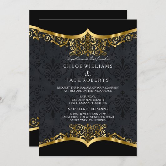 Black Gold Damask Wedding Uitnodiging (Voorkant / Achterkant)