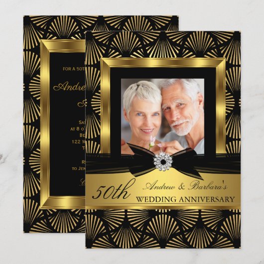 Black Gold Deco Foto 50th Wedding Jubileum Kaart (Voorkant / Achterkant)