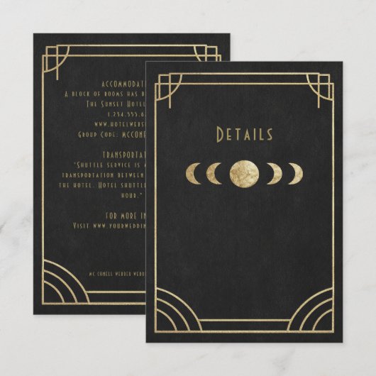 Black & gold deco wedding details card informatiekaartje (Voorkant / Achterkant)