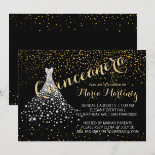 Black Gold Diamond Dress Quinceanera Invitation Kaart
