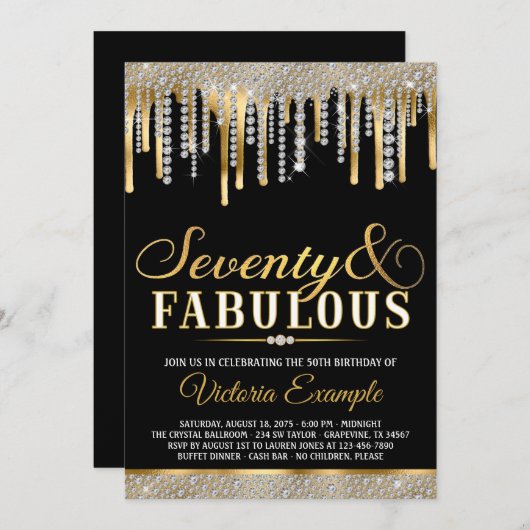 Black Gold Diamond Drip Fabulous 70 Verjaardagsfee Kaart (Voorkant / Achterkant)