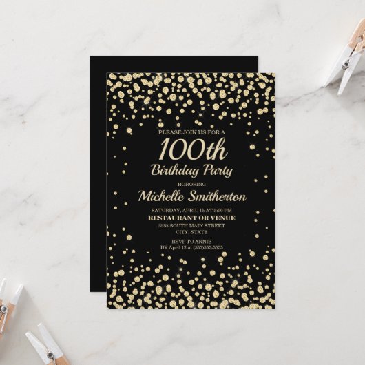 Black Gold Diamond Glitter Women's 100th Birthday Kaart (Voorkant / Achterkant in situ)