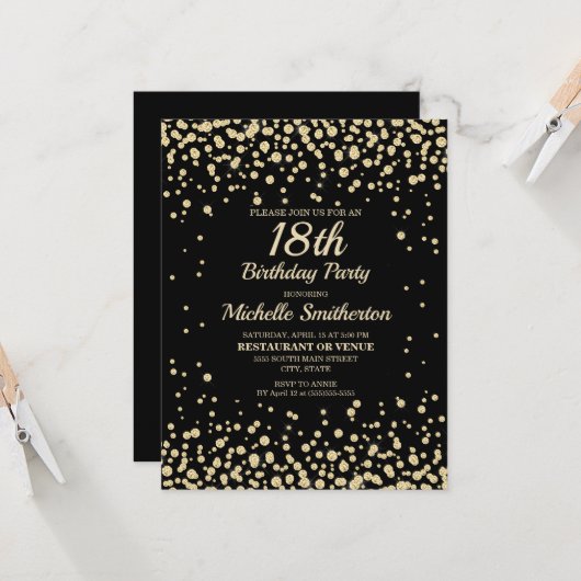 Black Gold Diamond Glitter Women's 18e verjaardag Kaart (Voorkant / Achterkant in situ)