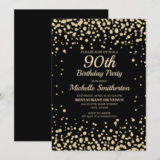 Black Gold Diamond Glitter Women's 90th Birthday Kaart (Voorkant / Achterkant)