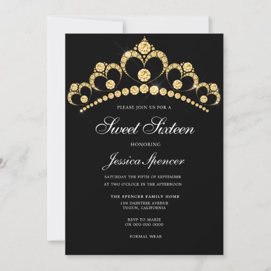Black & Gold Diamond Tiara Sweet 16 Party Invite Kaart (Voorkant)