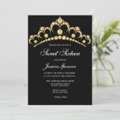 Black & Gold Diamond Tiara Sweet 16 Party Invite Kaart (Staand voorkant)