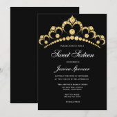 Black & Gold Diamond Tiara Sweet 16 Party Invite Kaart (Voorkant / Achterkant)
