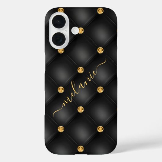 Black Gold Diamond Tufted Custom Name iPhone Case (Achterkant)