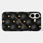 Black Gold Diamond Tufted Custom Name iPhone Case (Achterkant (horizontaal))