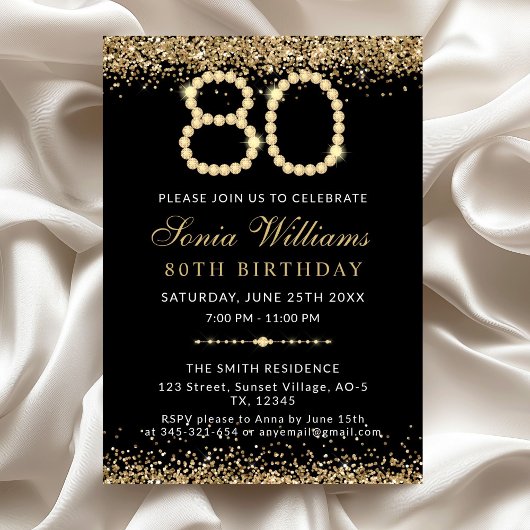 Black Gold Diamonds 80th Birthday Party Invitation Kaart