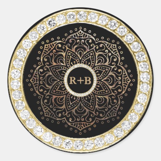 Black Gold Diamonds Mandala Boho Wedding Favor Ronde Sticker (Voorkant)
