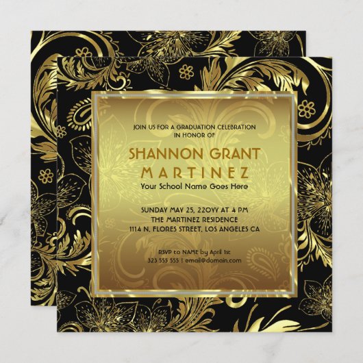 Black Gold & Diamonds Pattern-Elegant Afstudeerder Kaart (Voorkant / Achterkant)