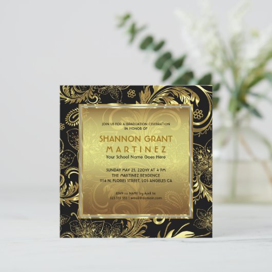 Black Gold & Diamonds Pattern-Elegant Afstudeerder Kaart (Staand voorkant)