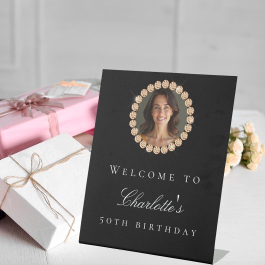 Black gold diamonds photo birthday party welcome reclamebord met voetstuk
