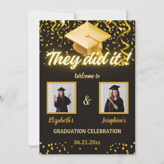 Black Gold Double Graduation Party Foto 2 persoon Kaart (Voorkant)