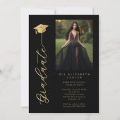 Black & Gold Dramatic Grad Cap Photo & Calligraphy Kaart (Voorkant)