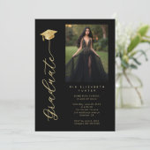 Black & Gold Dramatic Grad Cap Photo & Calligraphy Kaart (Staand voorkant)