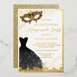 Black Gold Dress Masquerade Party Quinceanera Folie Uitnodiging