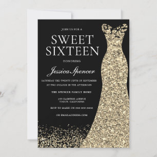 Black Gold Dress Sweet 16 Birthday Party Kaart