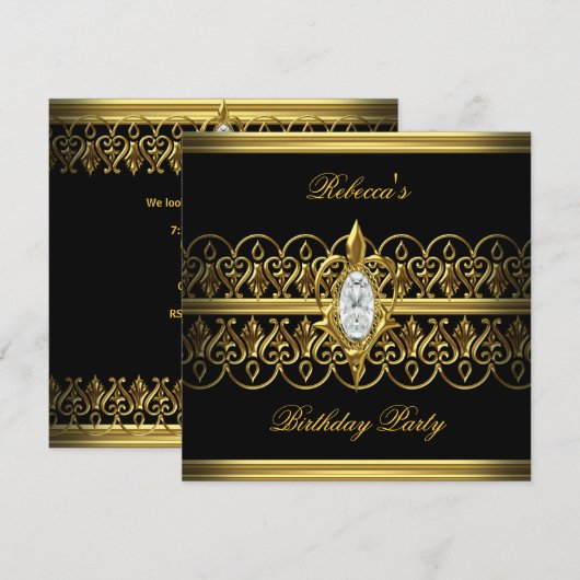 Black Gold Elegant Birthday Party Jewel Afbeelding Kaart (Voorkant / Achterkant)