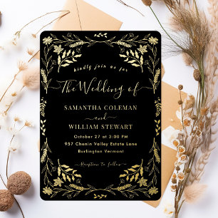 Black Gold Elegant Boho Modern Typography Wedding Folie Uitnodiging