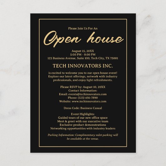 Black & Gold Elegant Business Open House Uitnodigi Briefkaart (Voorkant)