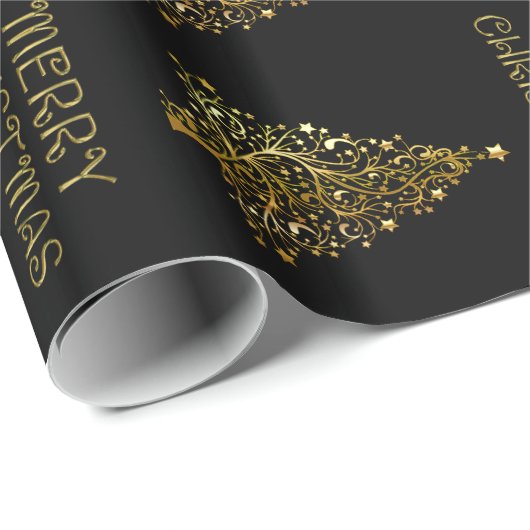 Black Gold Elegant Chic-kerstboomsterren Cadeaupapier (Rol Hoek)
