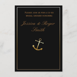 Black Gold Elegant Chic Nautical Anchor Invitation Kaart