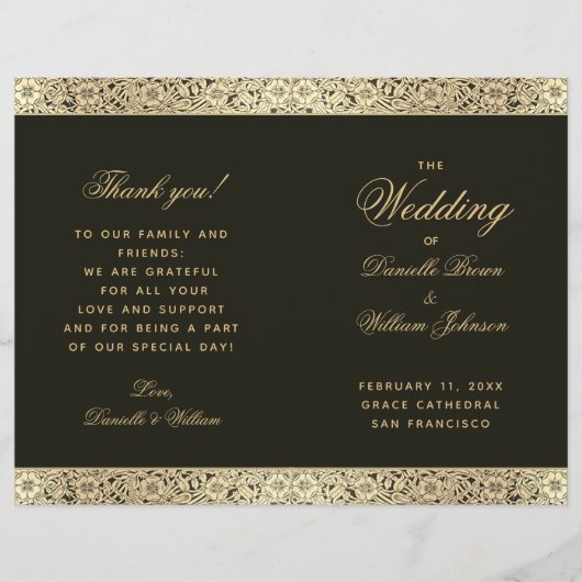 Black Gold Elegant  Floral Wedding Programme (Voorkant)