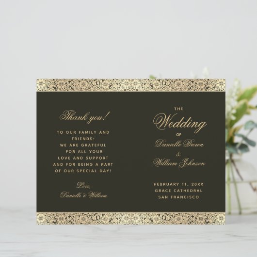 Black Gold Elegant  Floral Wedding Programme (Staand voorkant)