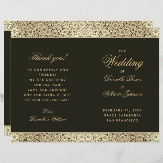 Black Gold Elegant  Floral Wedding Programme (Voorkant / Achterkant)