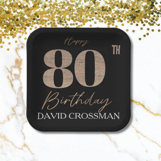 Black & Gold Elegant Glitter 80th Birthday  Papieren Bordje