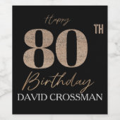 Black & Gold Elegant Glitter 80th Birthday  Wijn Etiket (Enkel label)