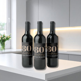 Black & Gold Elegant Glitter 80th Birthday  Wijn Etiket