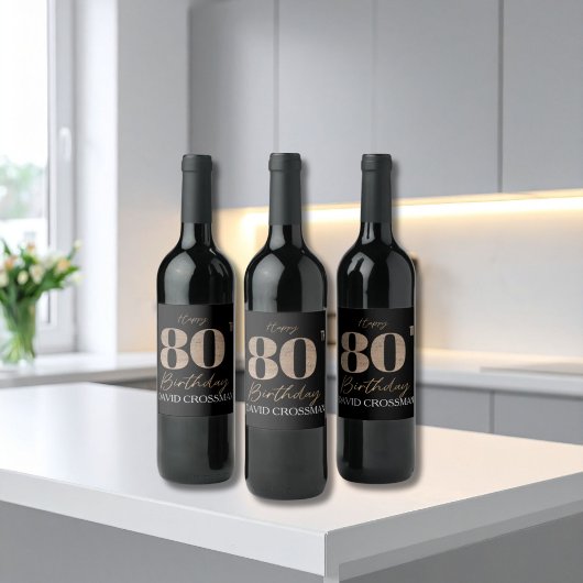 Black & Gold Elegant Glitter 80th Birthday  Wijn Etiket