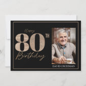 Black & Gold Elegant Glitter 80th Photo Birthday Bedankkaart (Voorkant)