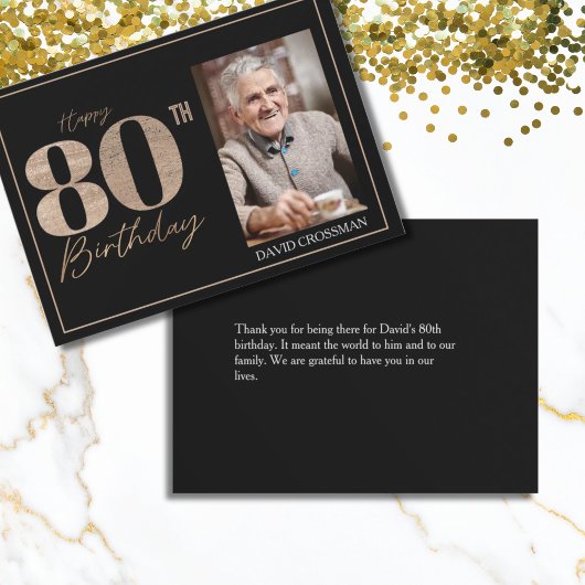 Black & Gold Elegant Glitter 80th Photo Birthday Bedankkaart
