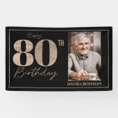 Black & Gold Elegant Glitter 80th Photo Birthday  Spandoek (Horizontaal)