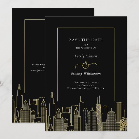 Black Gold Elegant Las Vegas Skyline Save the Date Kaart (Voorkant / Achterkant)