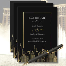 Black Gold Elegant Las Vegas Skyline Save the Date Kaart
