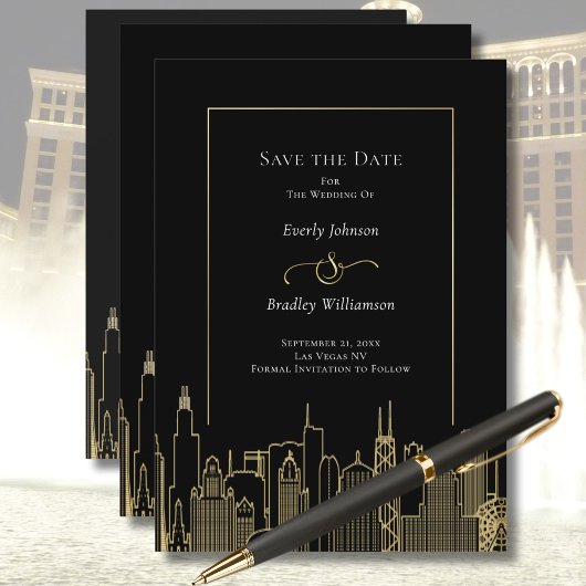 Black Gold Elegant Las Vegas Skyline Save the Date Kaart