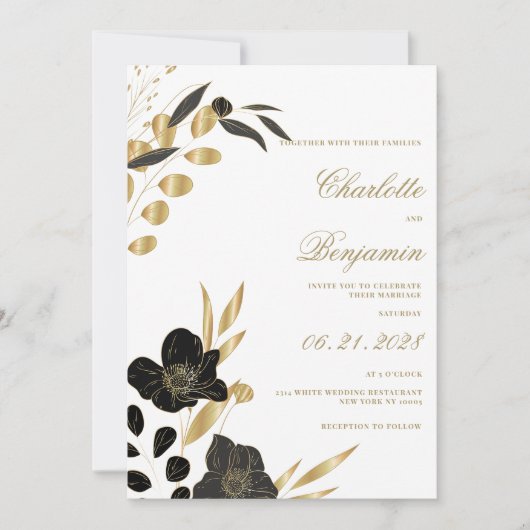 Black gold elegant luxury foliage floral wedding kaart (Voorkant)