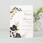 Black gold elegant luxury foliage floral wedding kaart (Staand voorkant)