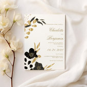 Black gold elegant luxury foliage floral wedding kaart